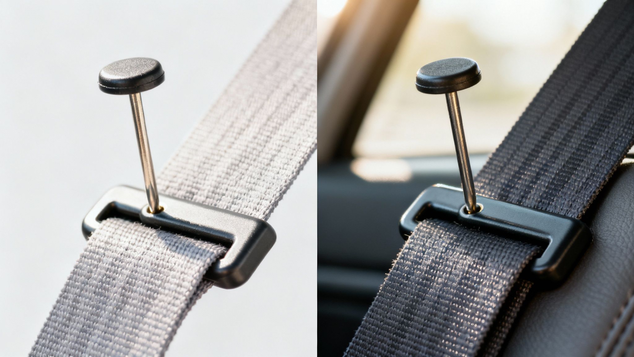 Close-up comparison of seat belt stop clips securing gray and black webbing straps