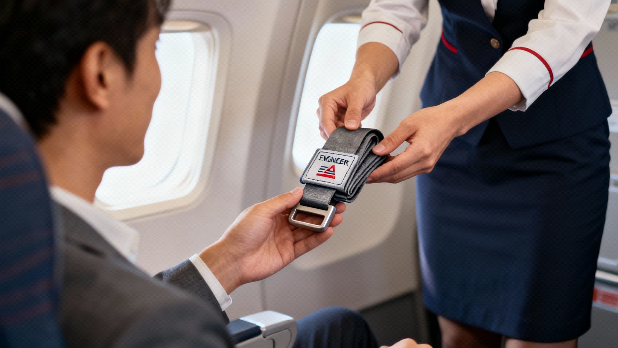 A flight attendant discreetly hands a seat belt extender to a passenger in an airplane aisle.