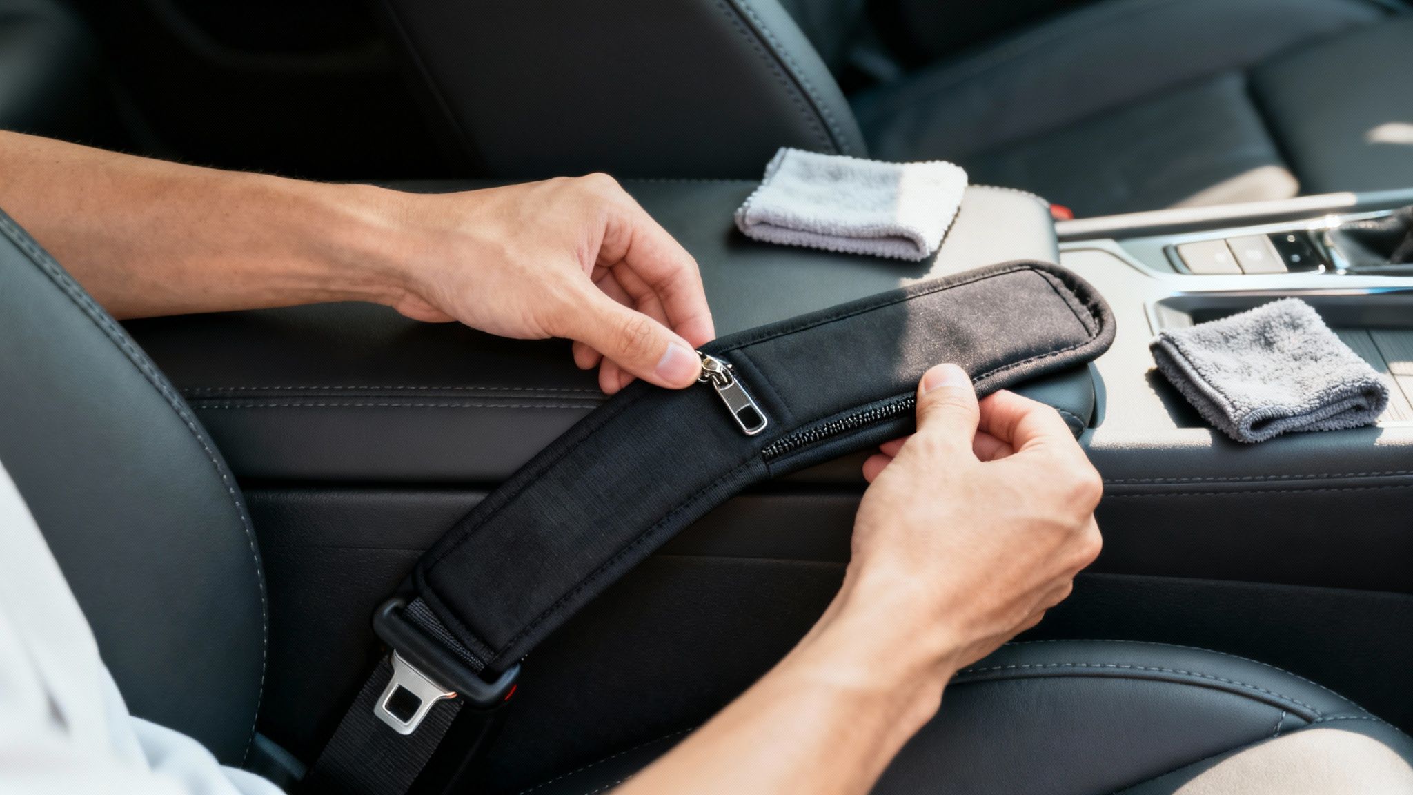 A person demonstrates the proper placement of a seat belt cover, ensuring it lies flat and doesn't interfere with the belt's function.
