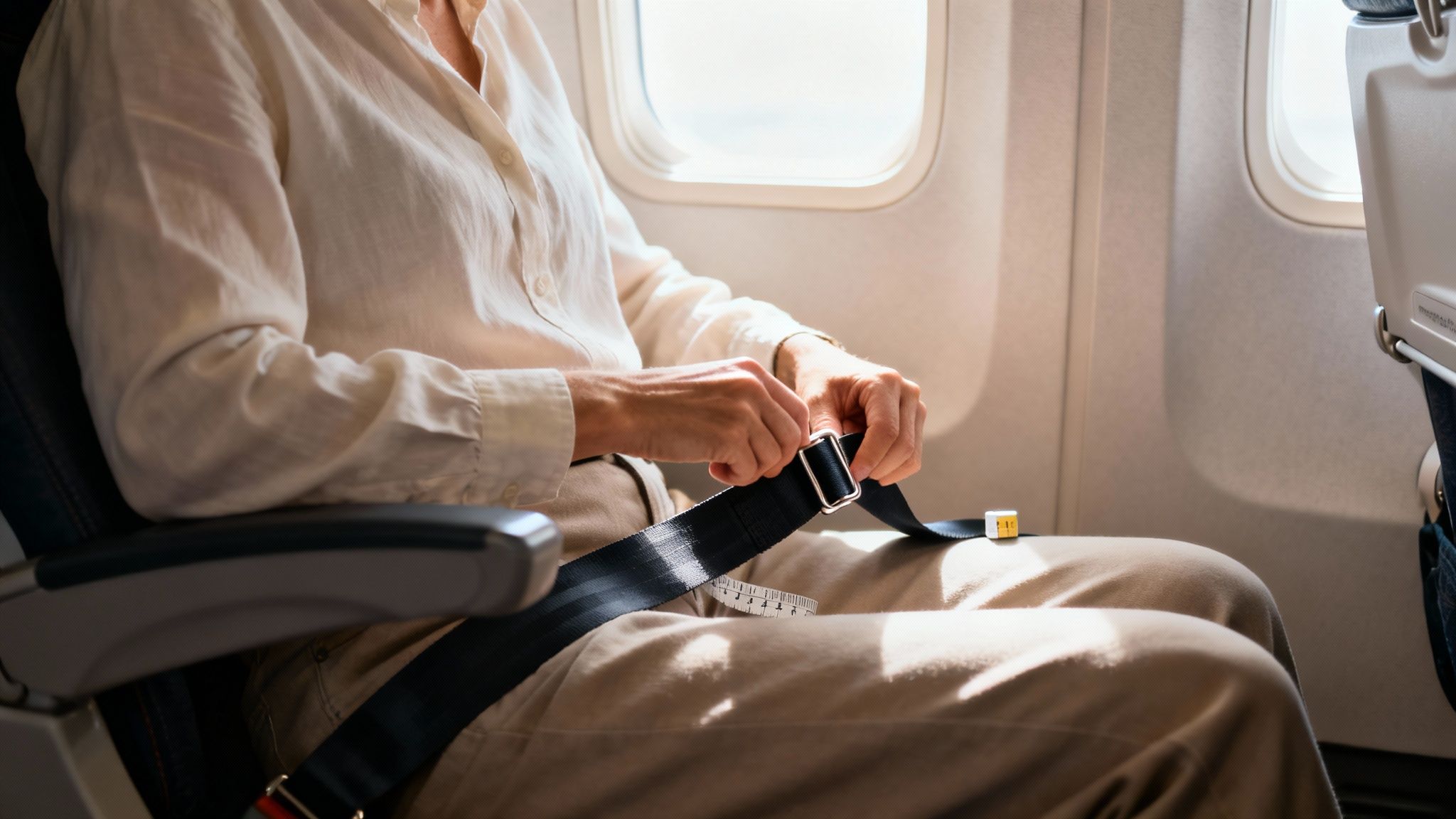 A passenger discreetly testing the length of an airline seat belt after finding their seat.