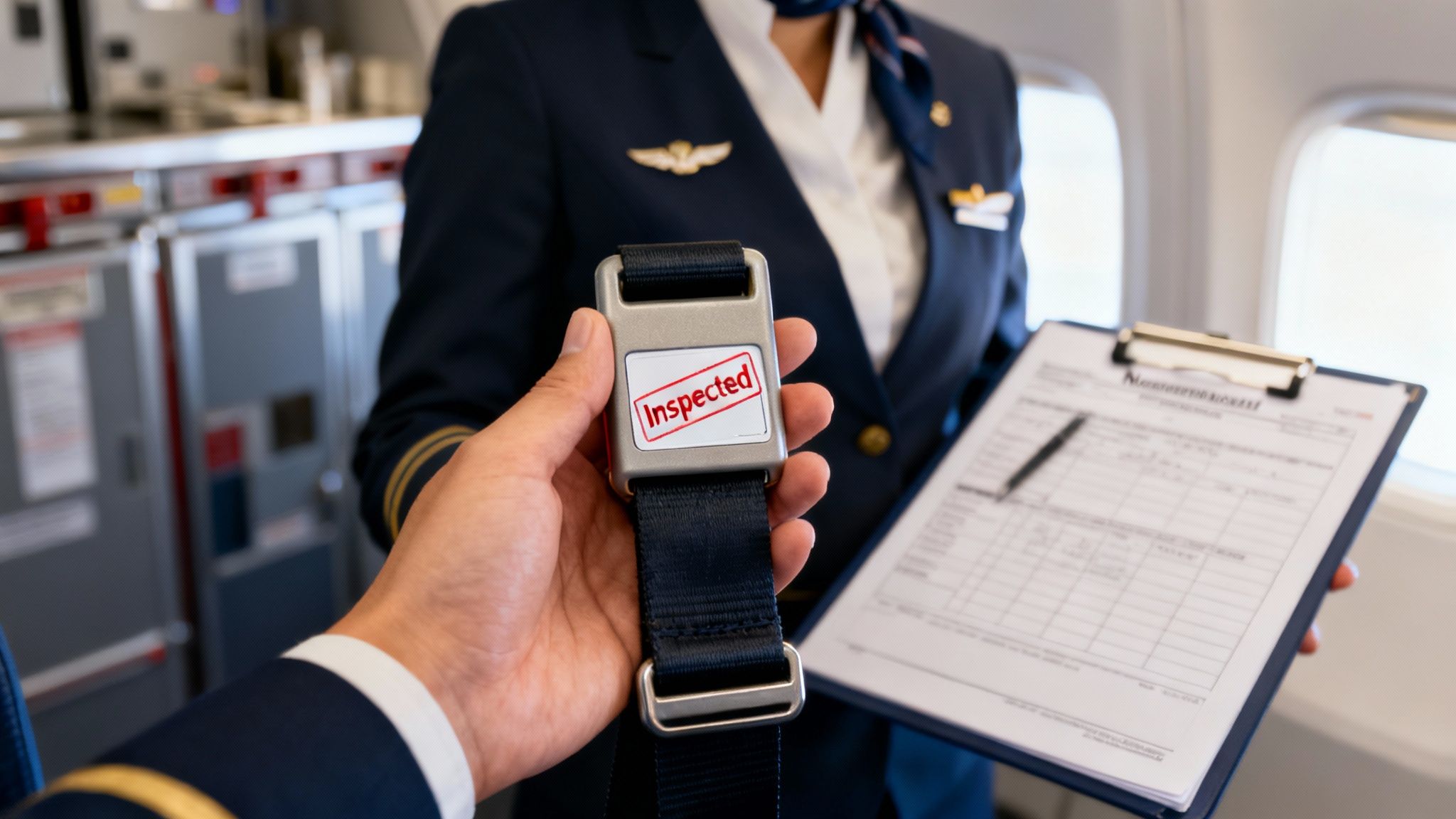 A flight attendant handing a seat belt extender to a passenger inside an airplane cabin.