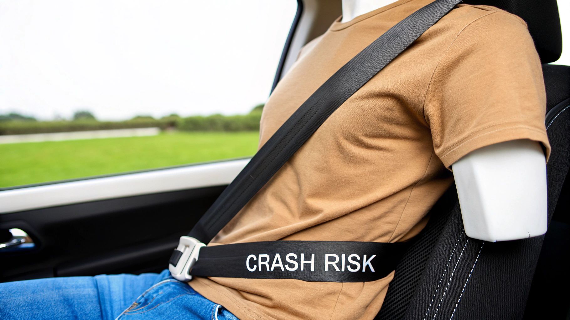 A close-up view of a seat belt extender properly connected, showing the mechanism.