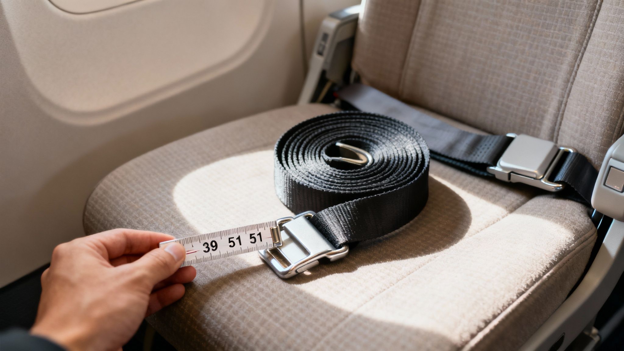 A close-up of an airplane seat belt buckle against the blue fabric of the seat, ready to be fastened.