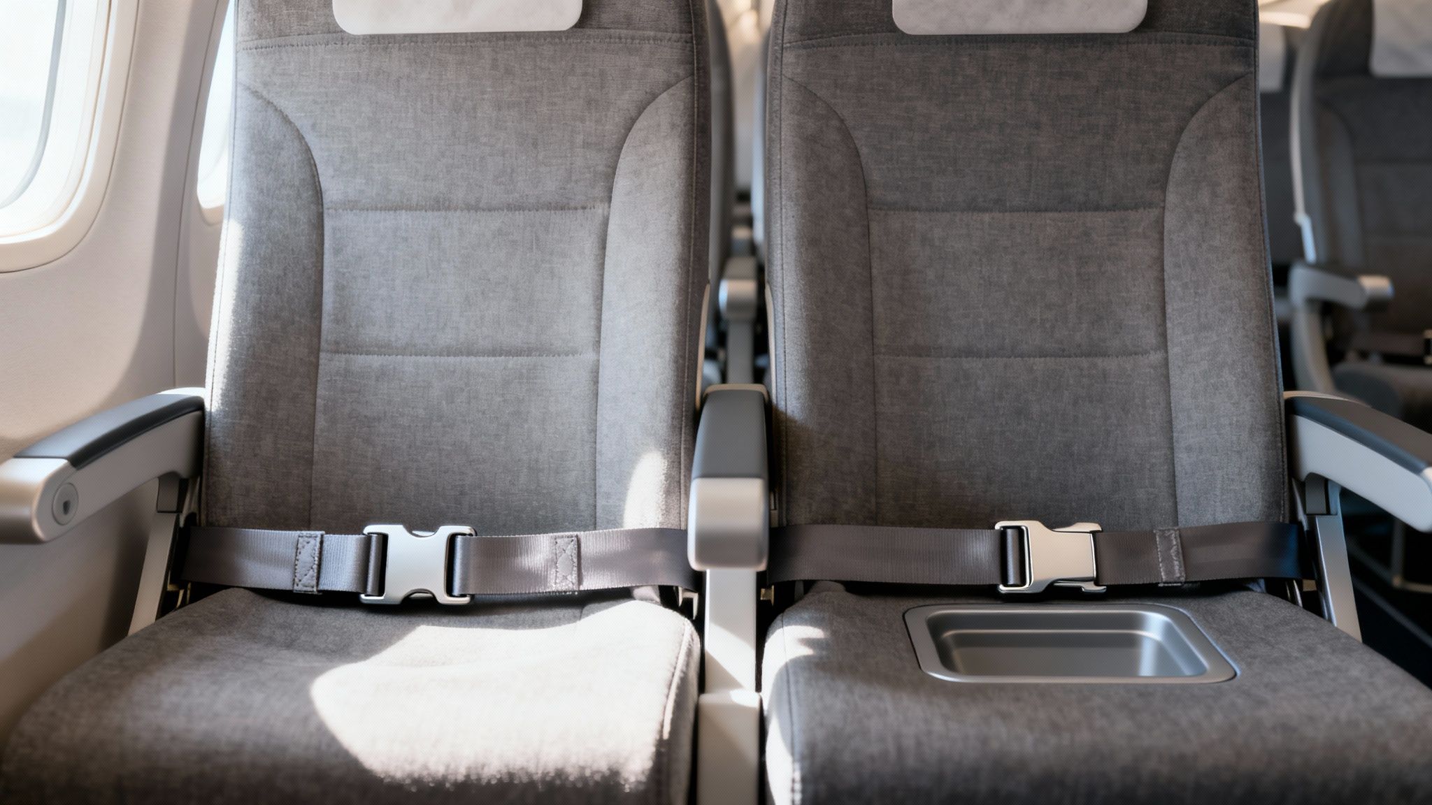 Close-up of two empty gray airplane seats with buckled seatbelts and sunlight streaming from a window.