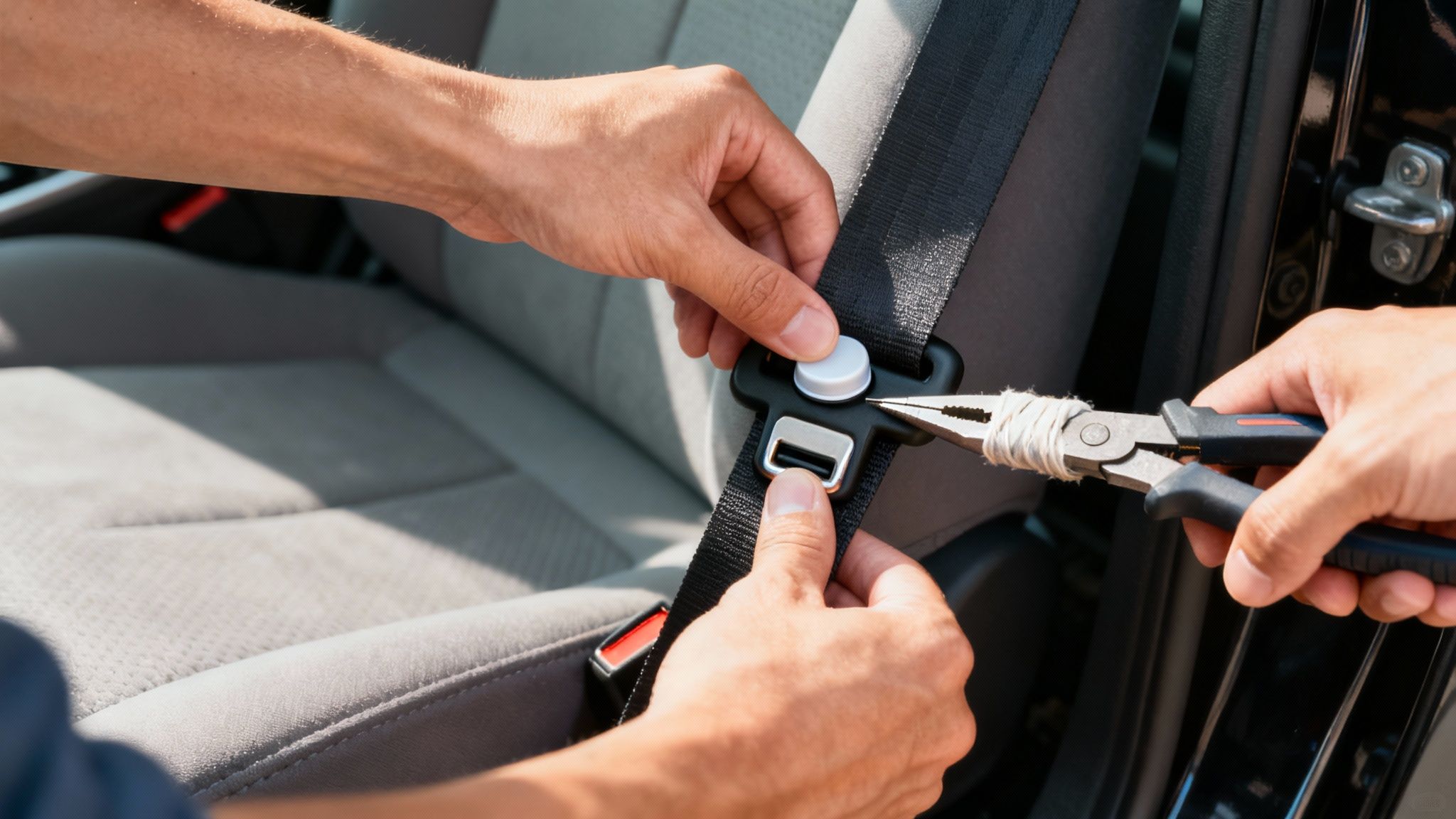 Hands installing seat belt stop clip onto vehicle safety belt buckle with pliers