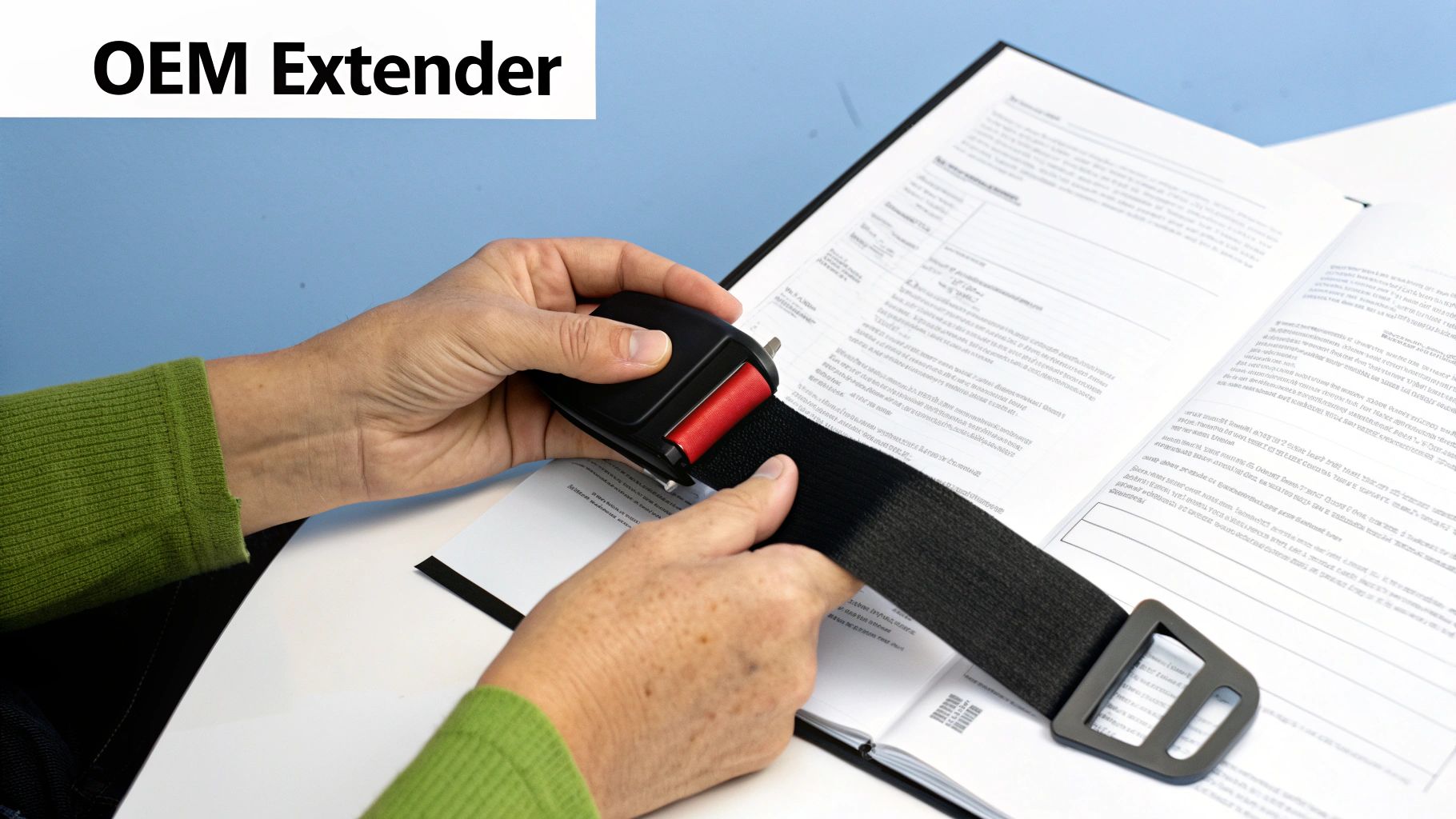 A person's hands demonstrating how to correctly use a seat belt extender.