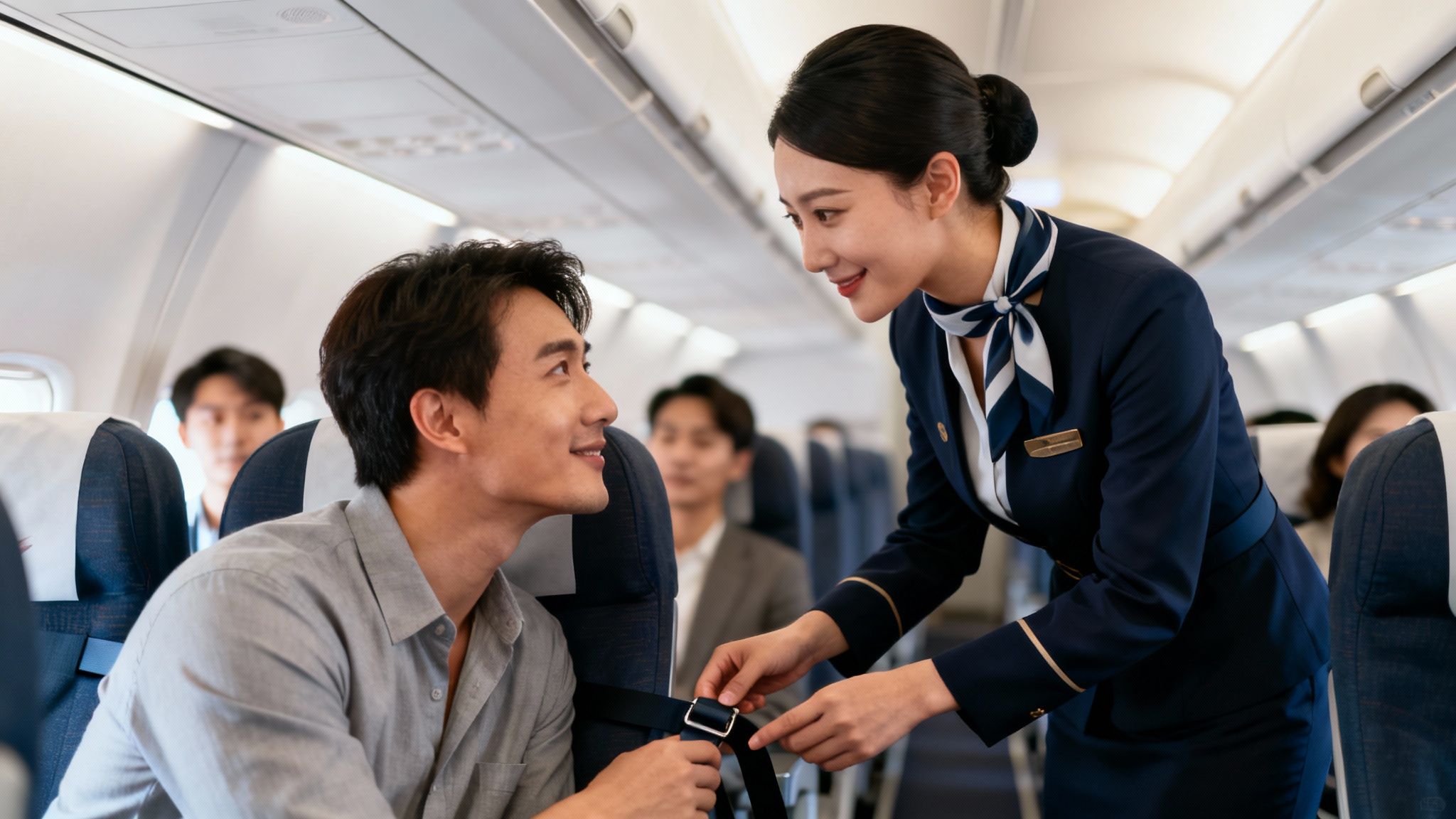 A smiling flight attendant assists a male passenger with his seatbelt on an airplane.