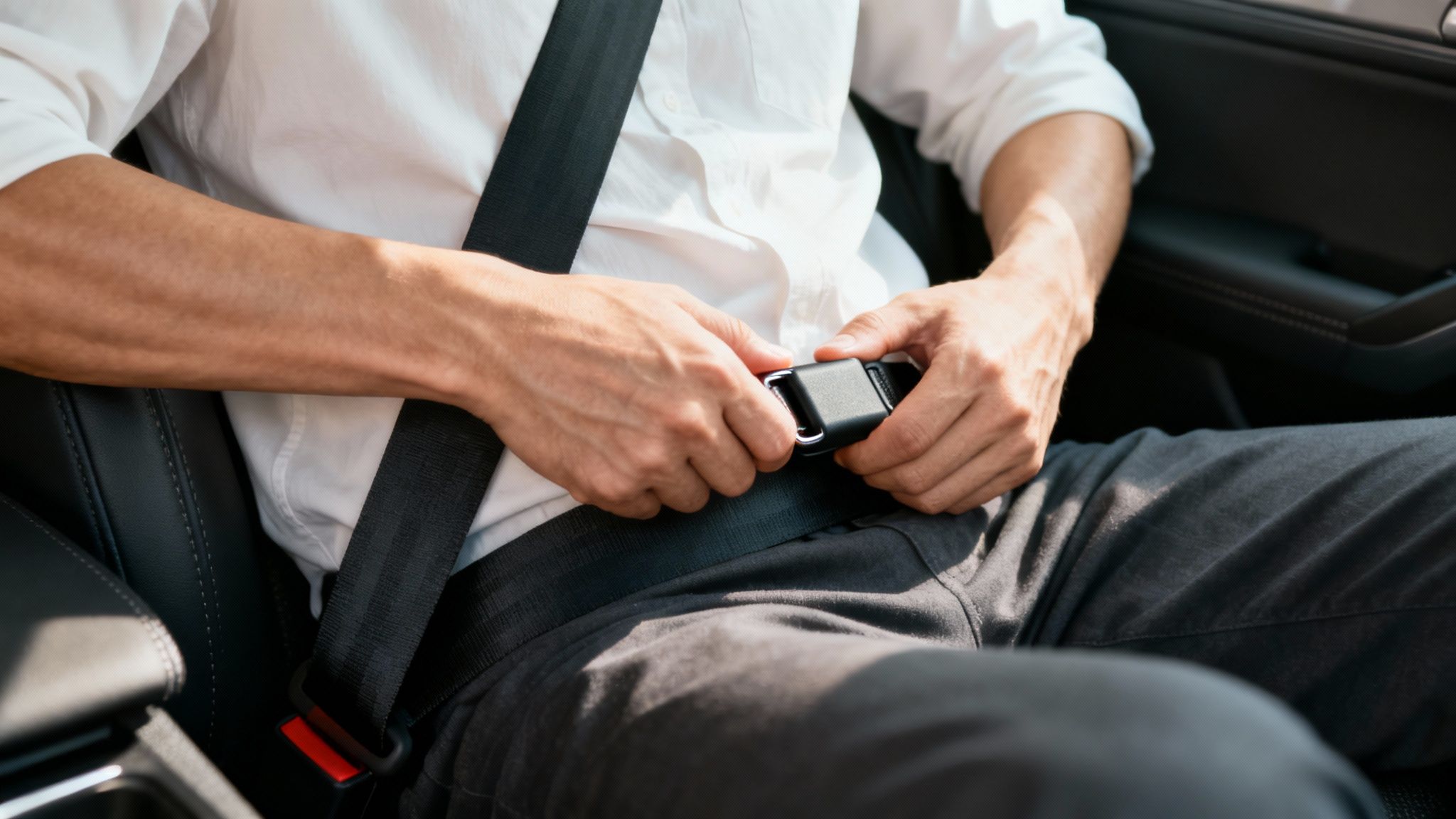 A person carefully checks the connection of a seat belt extender, ensuring the buckle is securely clicked in place.