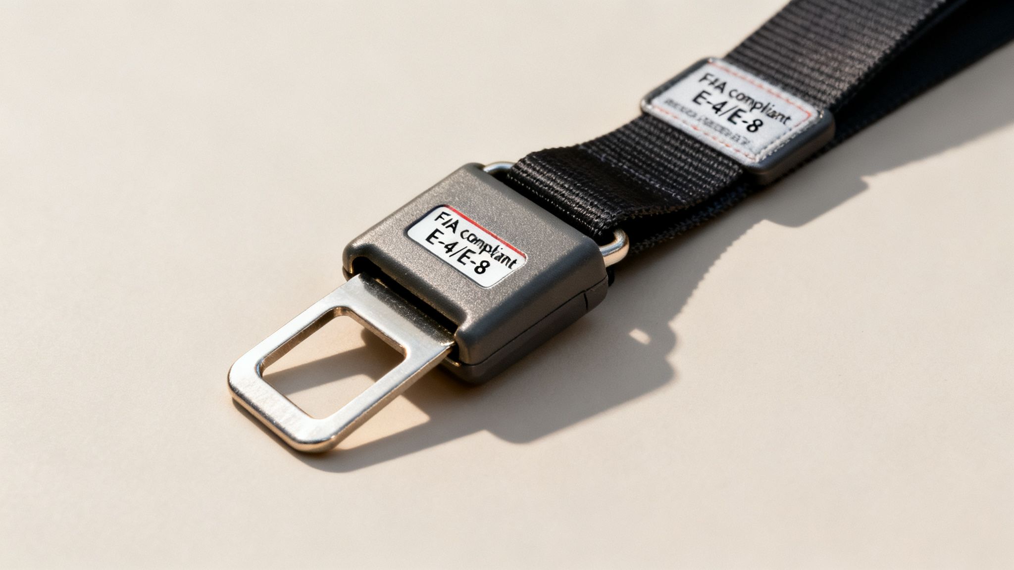 Close-up of a black seat belt extender with a silver buckle, labeled 'FIA compliant E-4/E-8'.