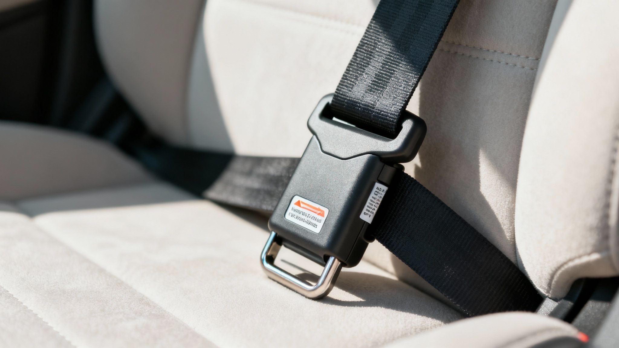 A person buckling a seat belt using an extender in a car