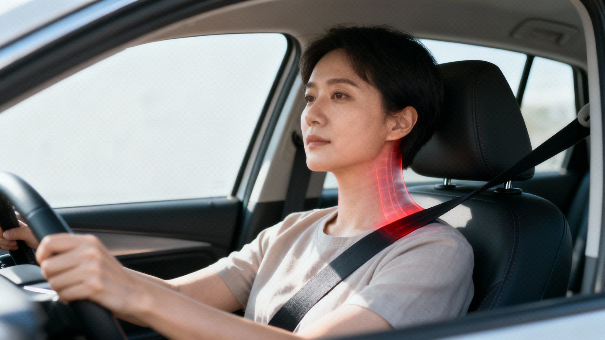 Woman driving car wearing seat belt with red highlighted neck area showing discomfort