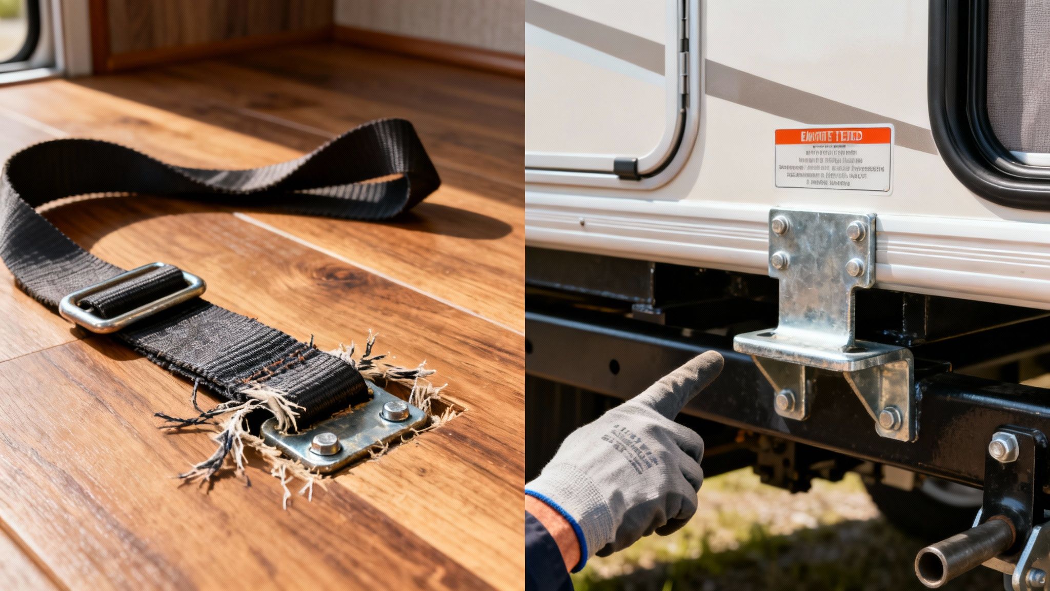 A damaged black strap on an RV's wooden floor, next to a hand pointing at a metal bracket on the RV exterior.