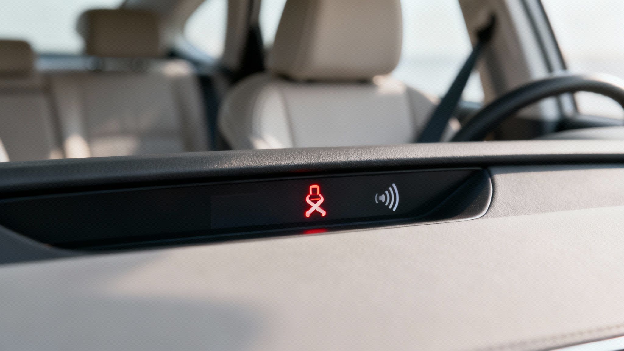 A car's instrument panel with the seat belt warning light illuminated, indicating the alarm is active.