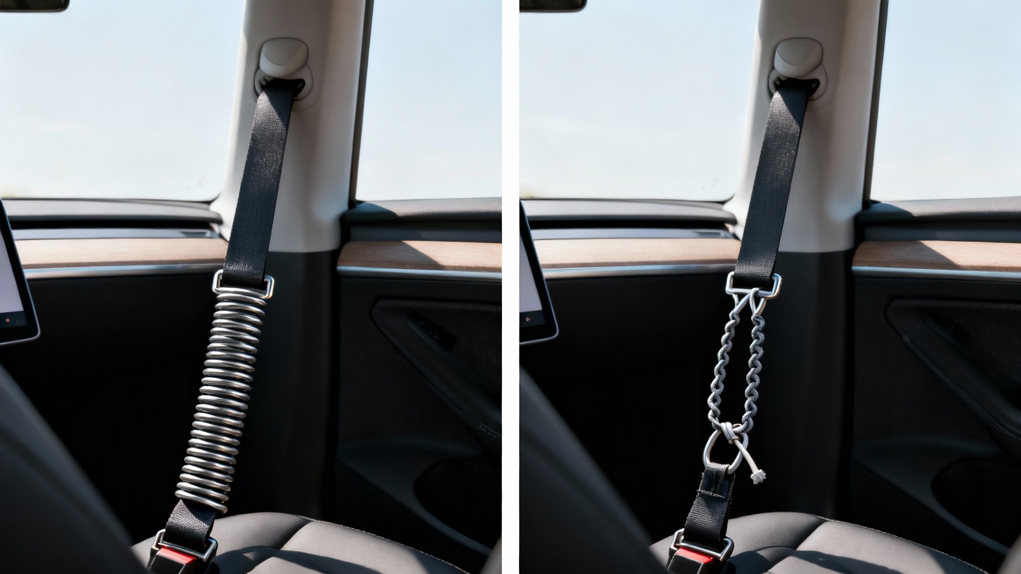 A split image shows two car seatbelts, one with a spring, the other with a chain.