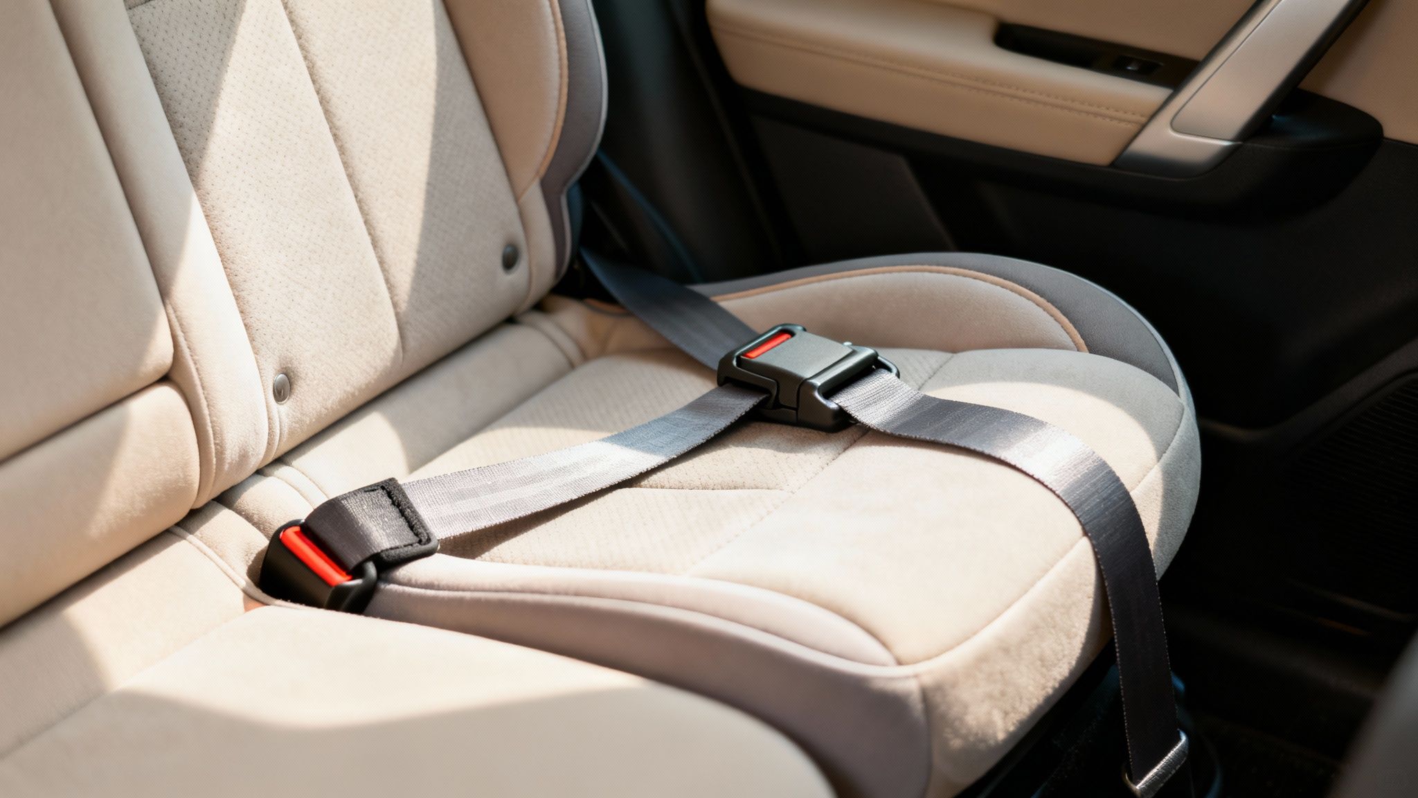 Close-up of a beige car seat with a grey seat belt buckled and ready for use.