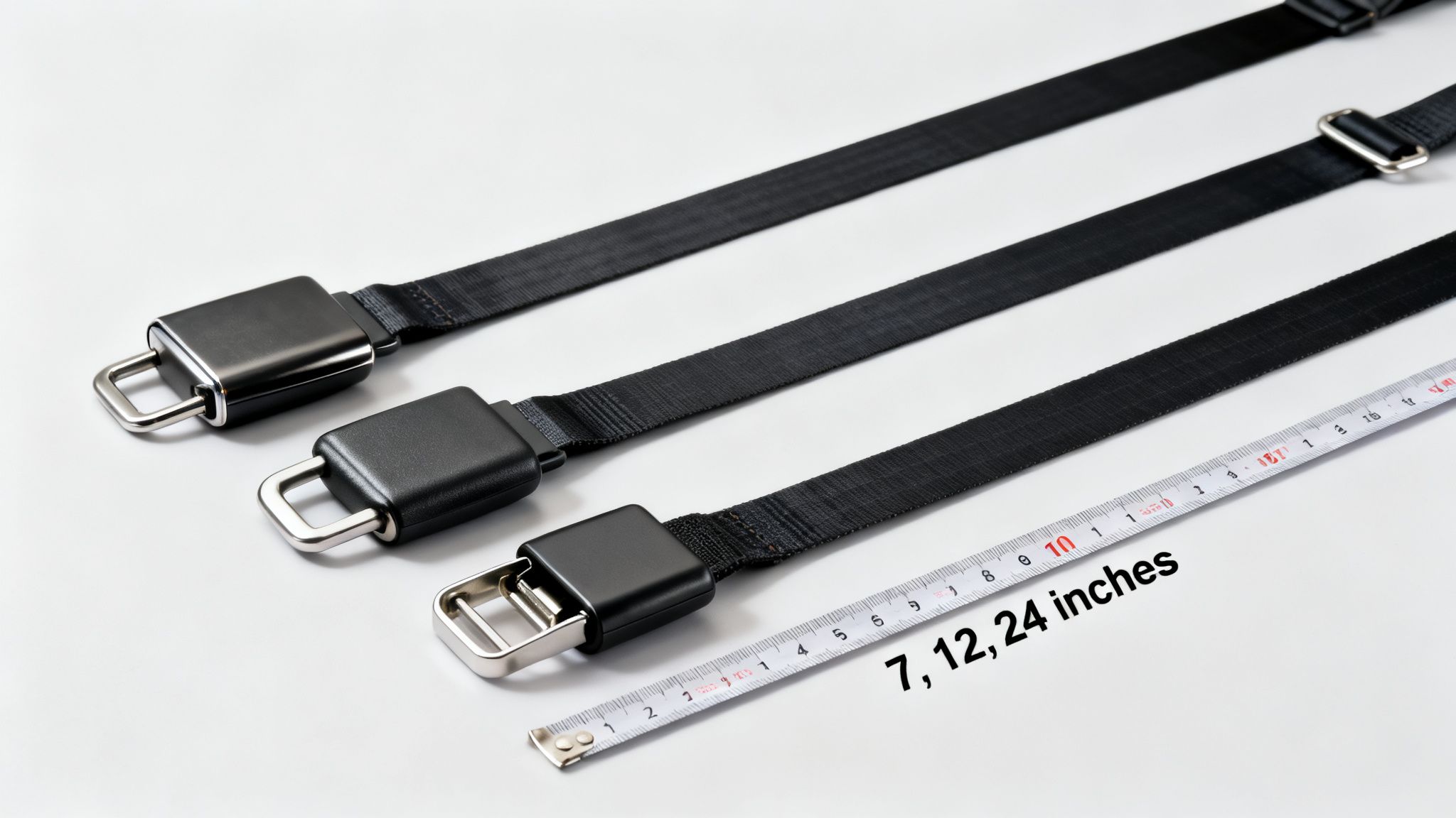 Three black seat belt extenders with silver buckles and a measuring tape indicating 7, 12, 24 inches.
