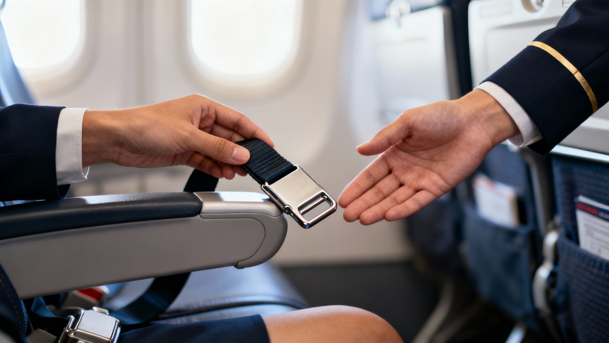 Close-up of a passenger's hand holding an airplane seatbelt, with crew offering assistance.