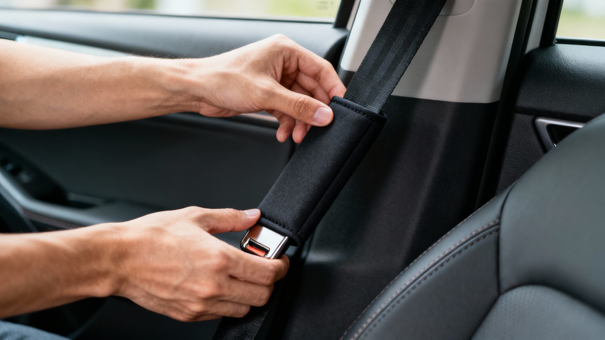 A person is shown adjusting their seat belt, highlighting the importance of proper fit and safety.