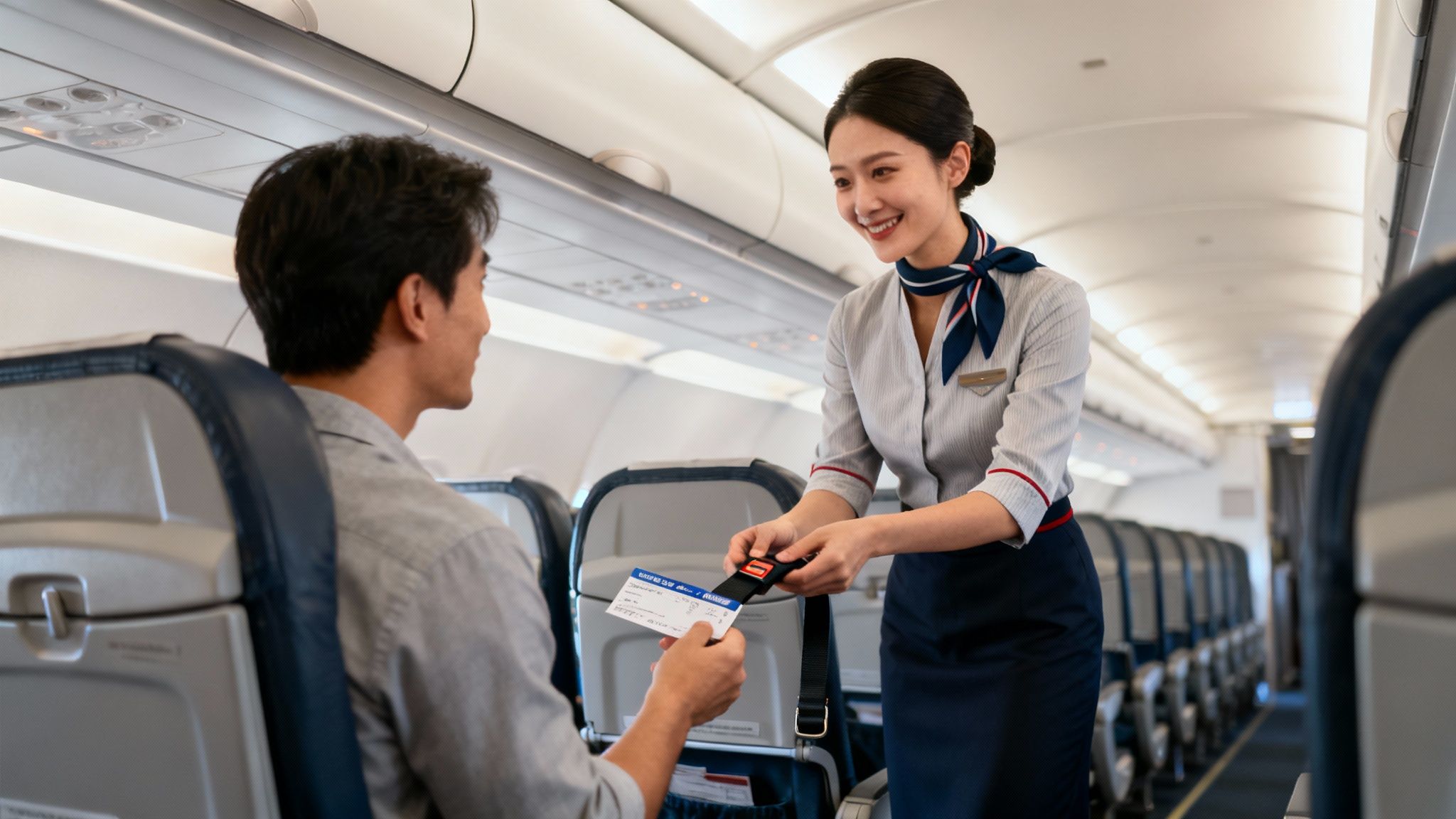 A flight attendant handing a seat belt extender to a passenger in an airplane cabin, demonstrating good customer service.