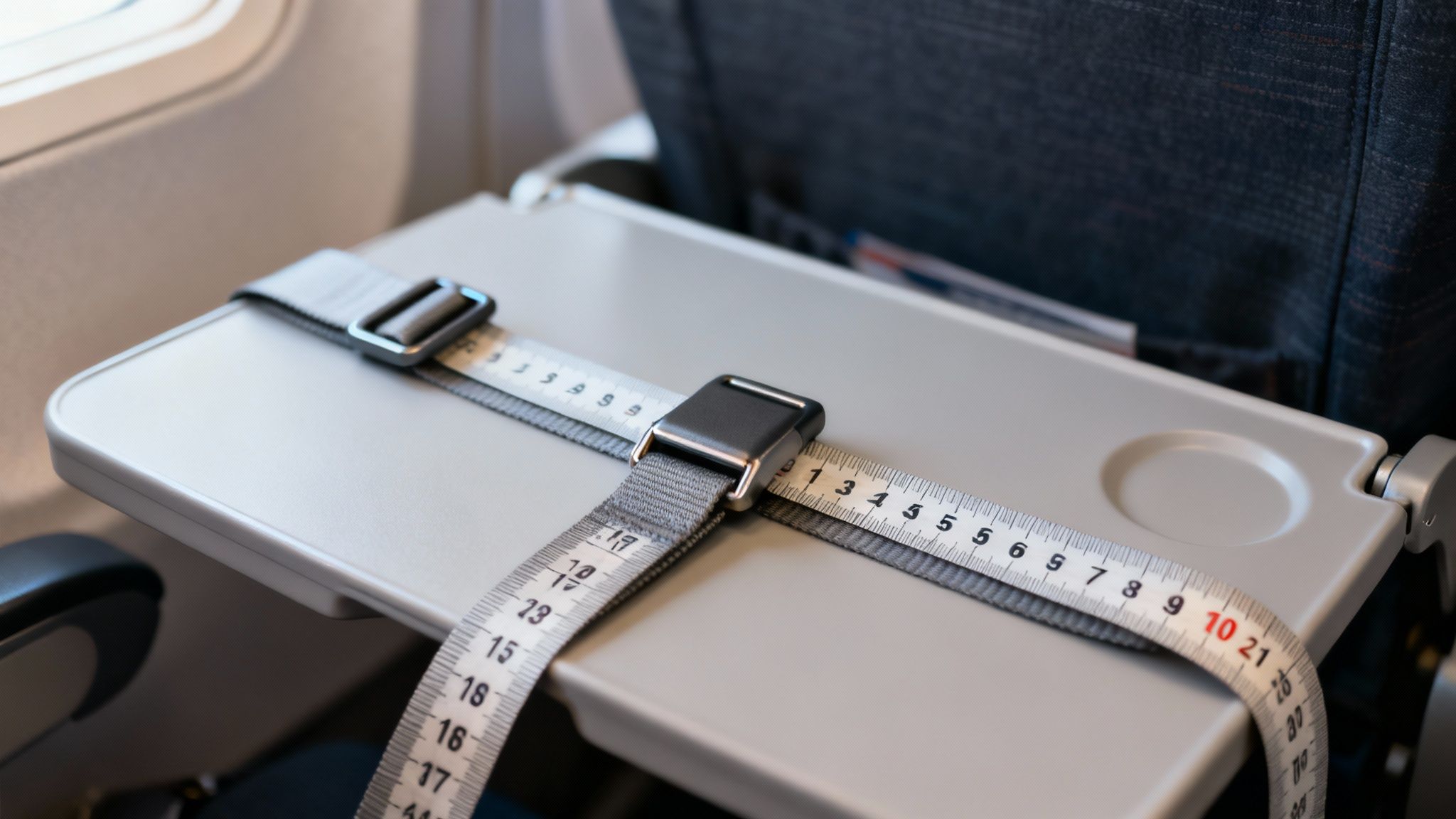 A close-up of an airplane seatbelt buckle against a blue seat, ready to be fastened.