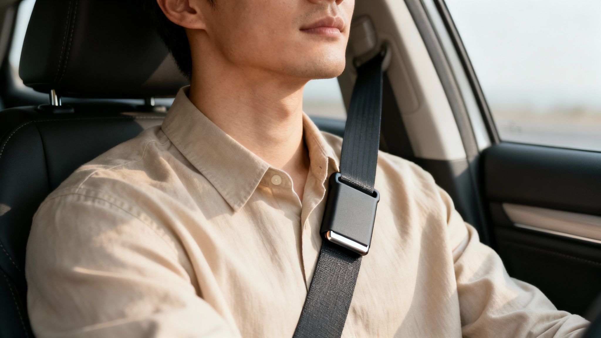 Close-up of a driver in a car, wearing a seat belt with a modern black adjuster clip.