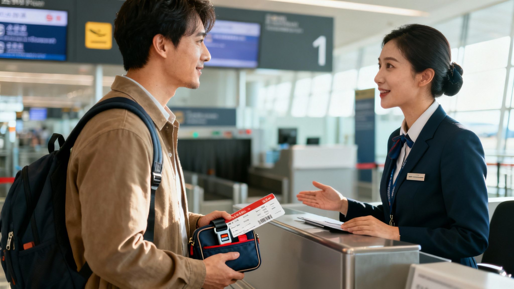 A smiling traveler at an airport check-in counter, holding a boarding pass, speaking with a female airline agent.