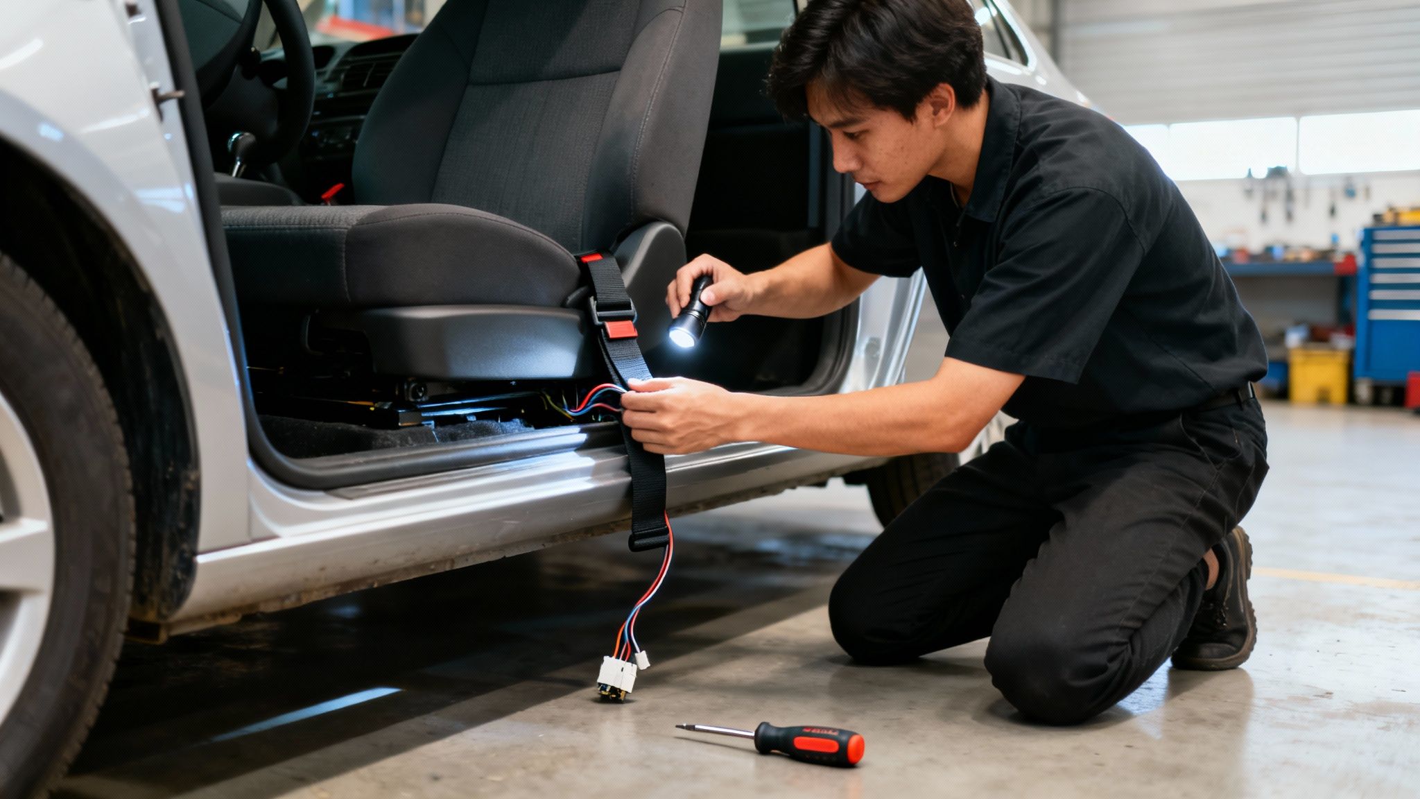 A technician uses a flashlight to inspect the wiring of a car's seat belt sensor.