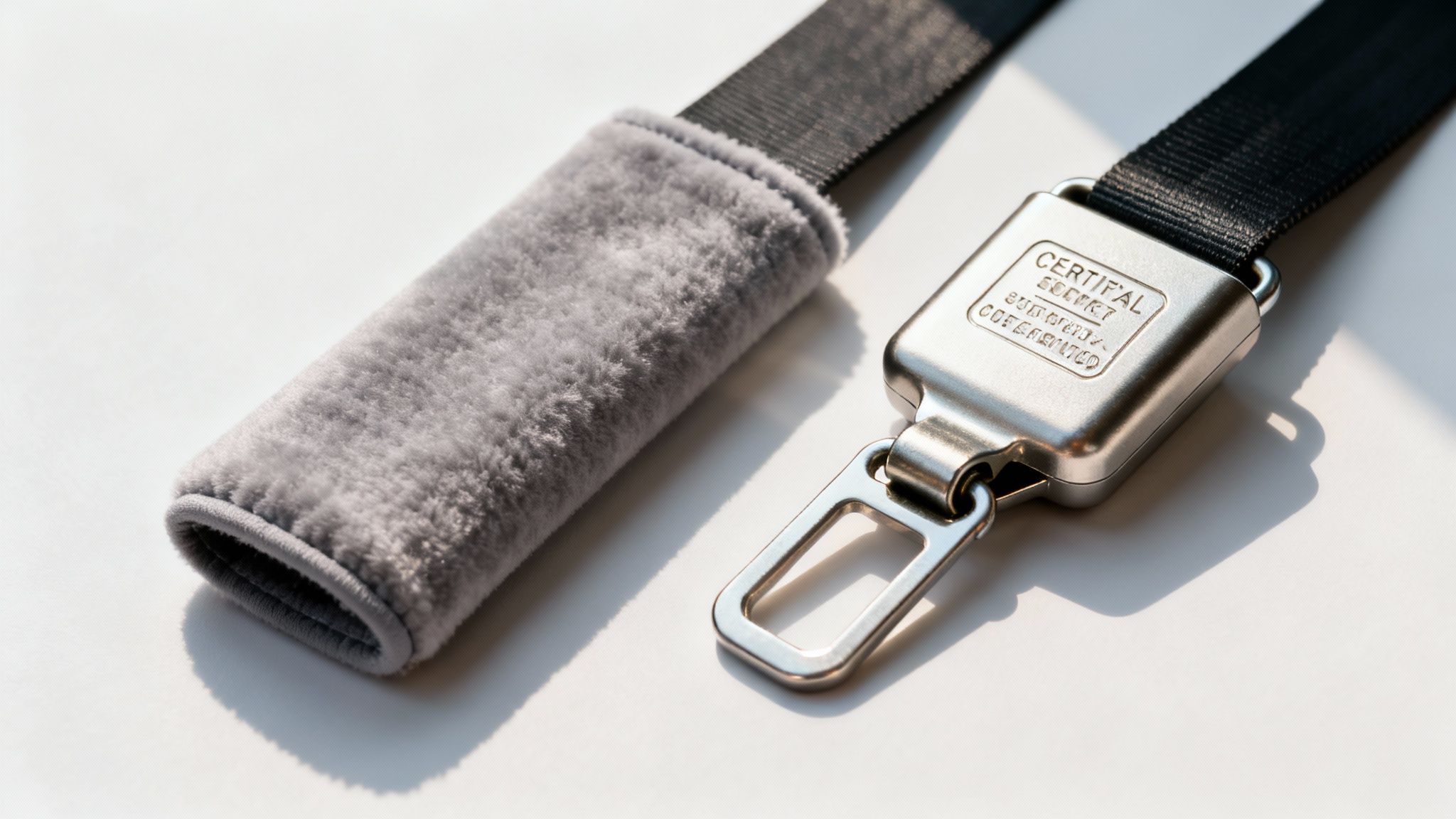 Close-up of a soft grey car seat belt protector and a shiny metallic buckle.