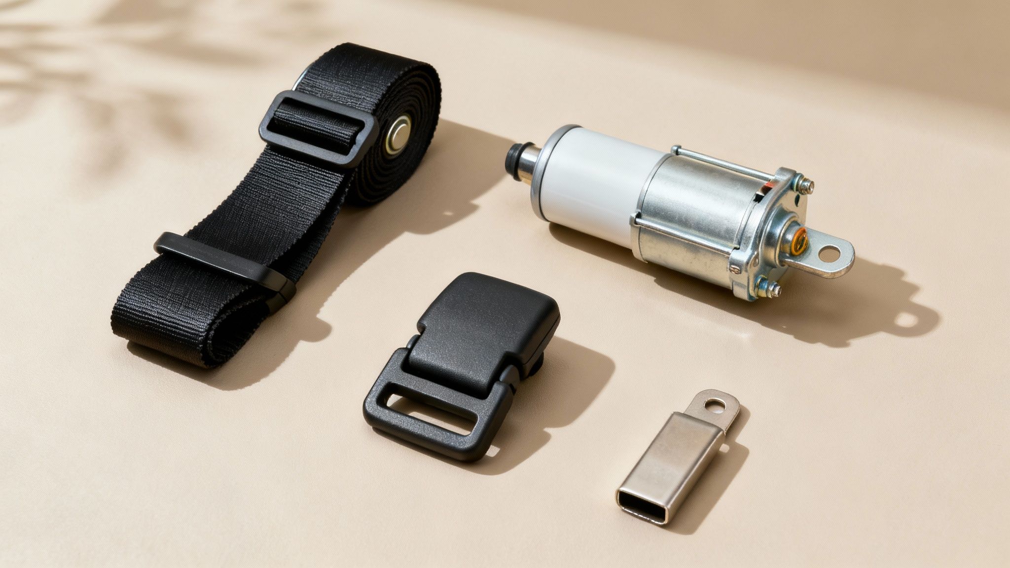 A close-up of a seat belt mechanism inside a car, showing the webbing and buckle.