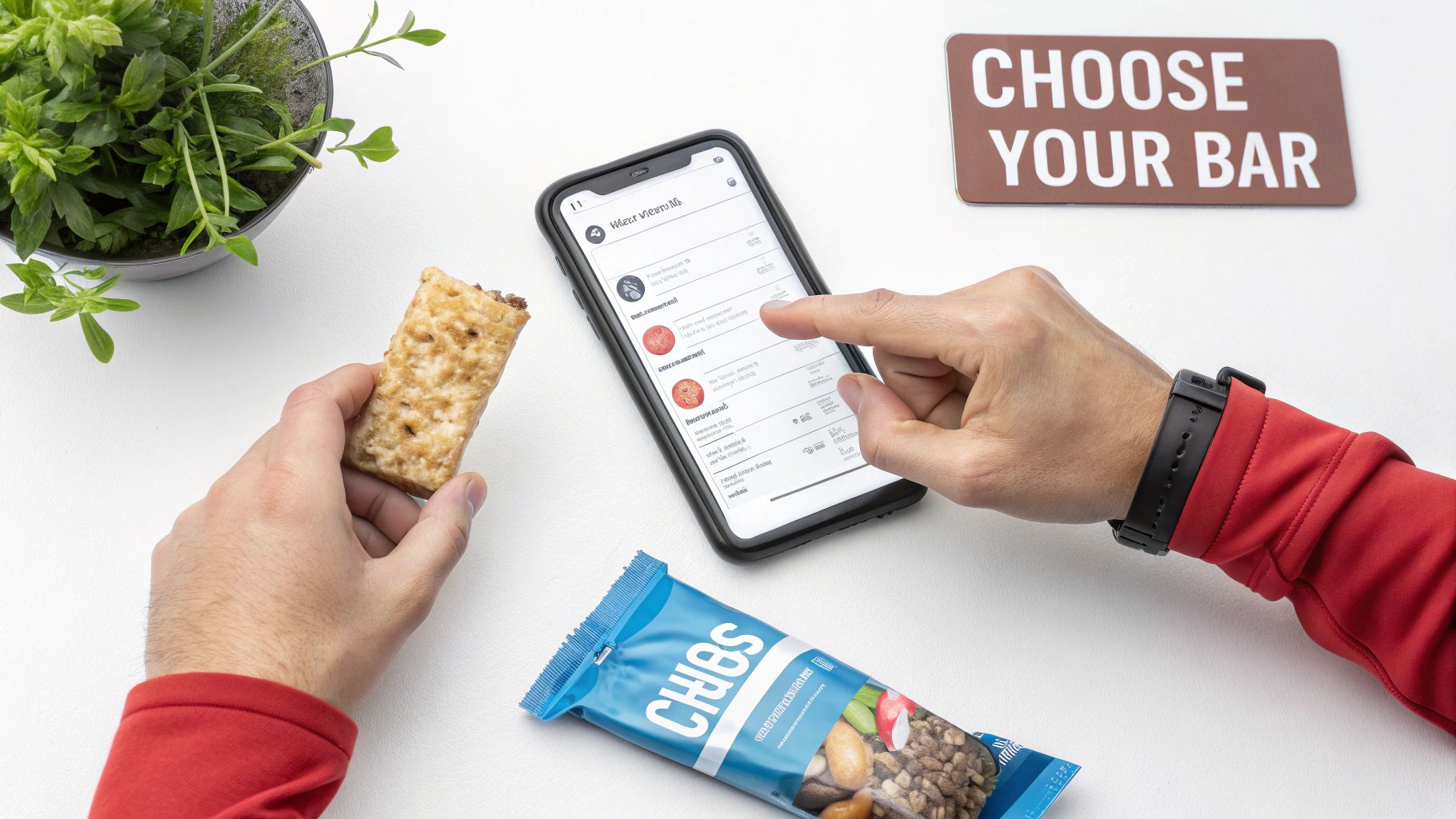 A person's hand holding a no whey protein bar with a blurred background of a kitchen or store aisle