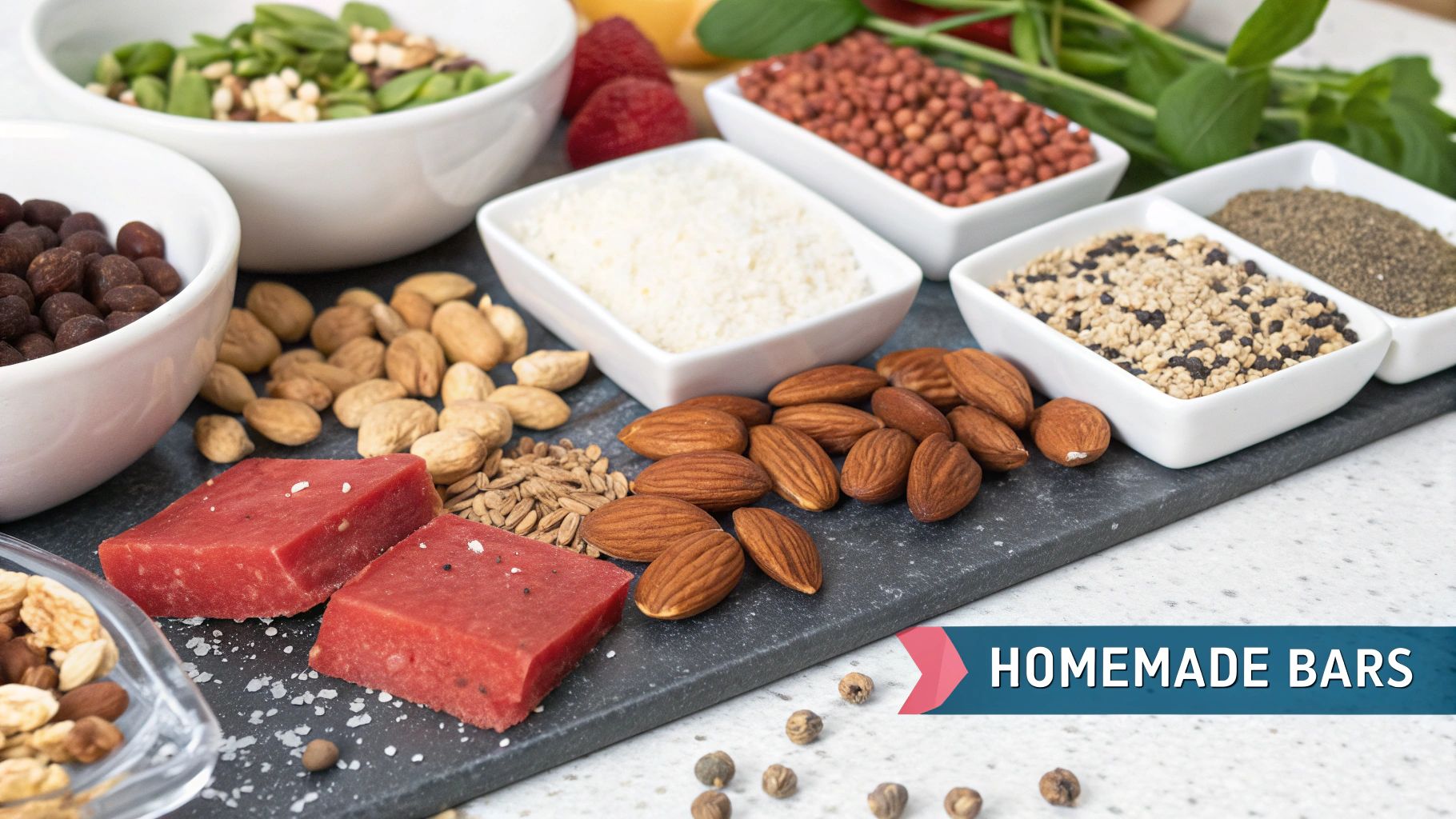 A stack of delicious homemade protein bars with nuts and chocolate drizzle.