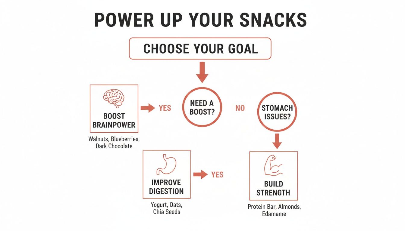 A flowchart showing healthy snack recommendations to boost brainpower, improve digestion, or build strength.