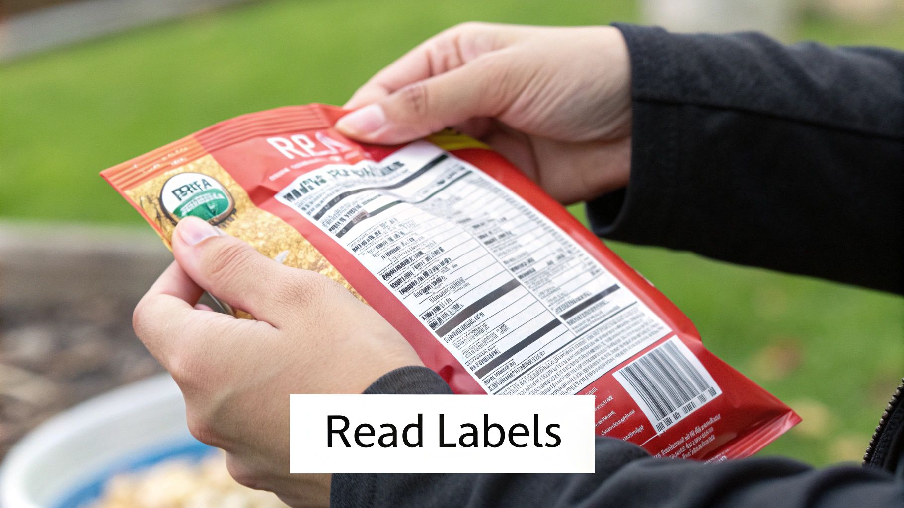 A person is holding a packaged snack bar and reading the nutrition label carefully.