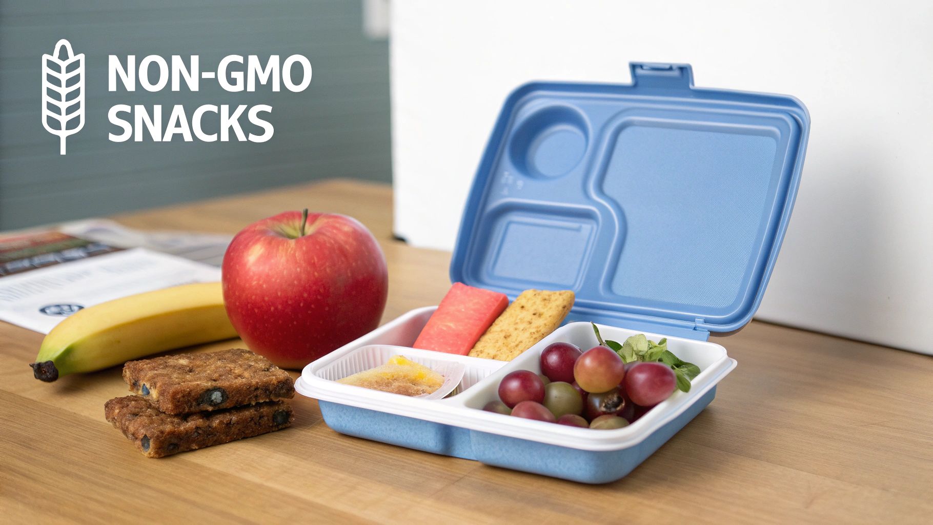 A child's hands reaching for delicious, healthy-looking non-GMO kids snack bars on a colorful background.