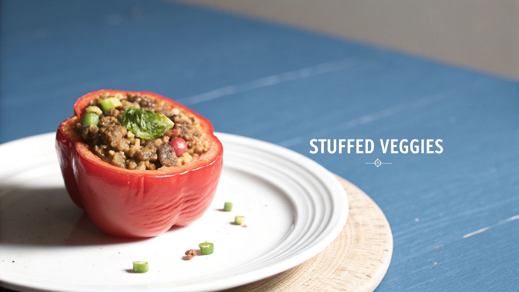 A vibrant red bell pepper overflowing with a hearty, plant-based stuffing, garnished with fresh herbs, on a white plate.