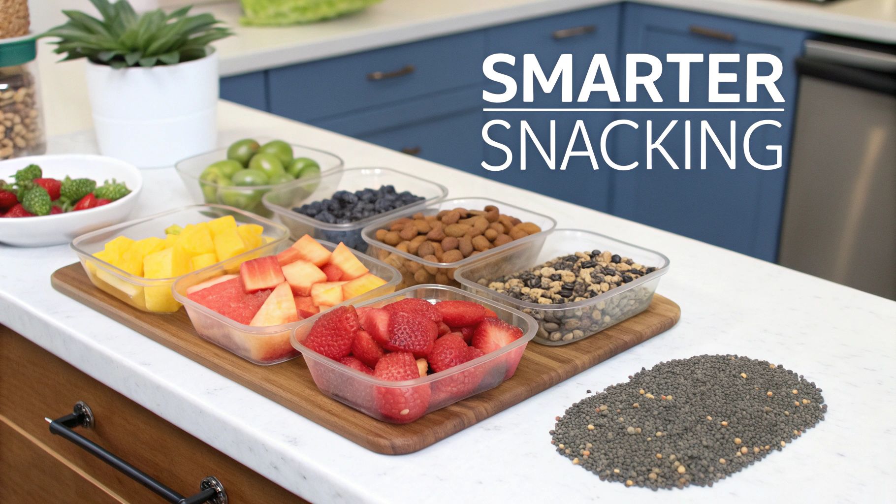 A colorful assortment of fresh fruits, nuts, and Skout Organic snack bars arranged on a wooden table.