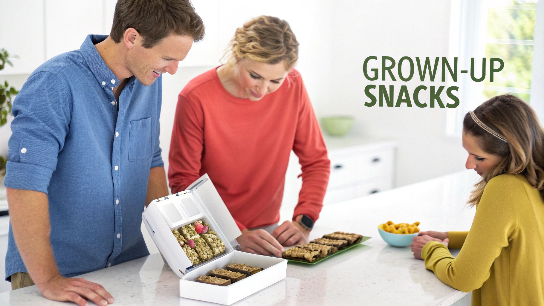A couple and a young woman on a kitchen counter, looking at various healthy snacks and cheese puffs.