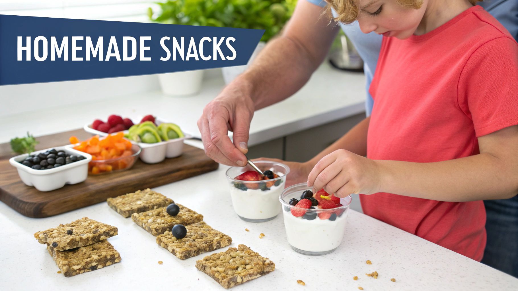 An adult and child prepare homemade fruit and yogurt parfaits and granola bars on a kitchen counter.