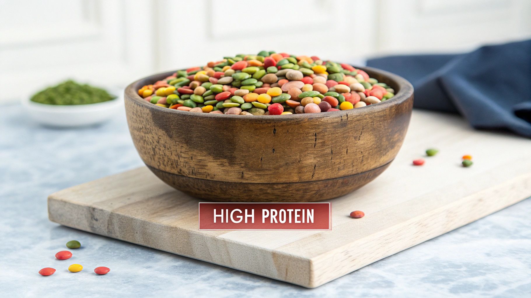 A bowl of cooked lentils garnished with fresh herbs.