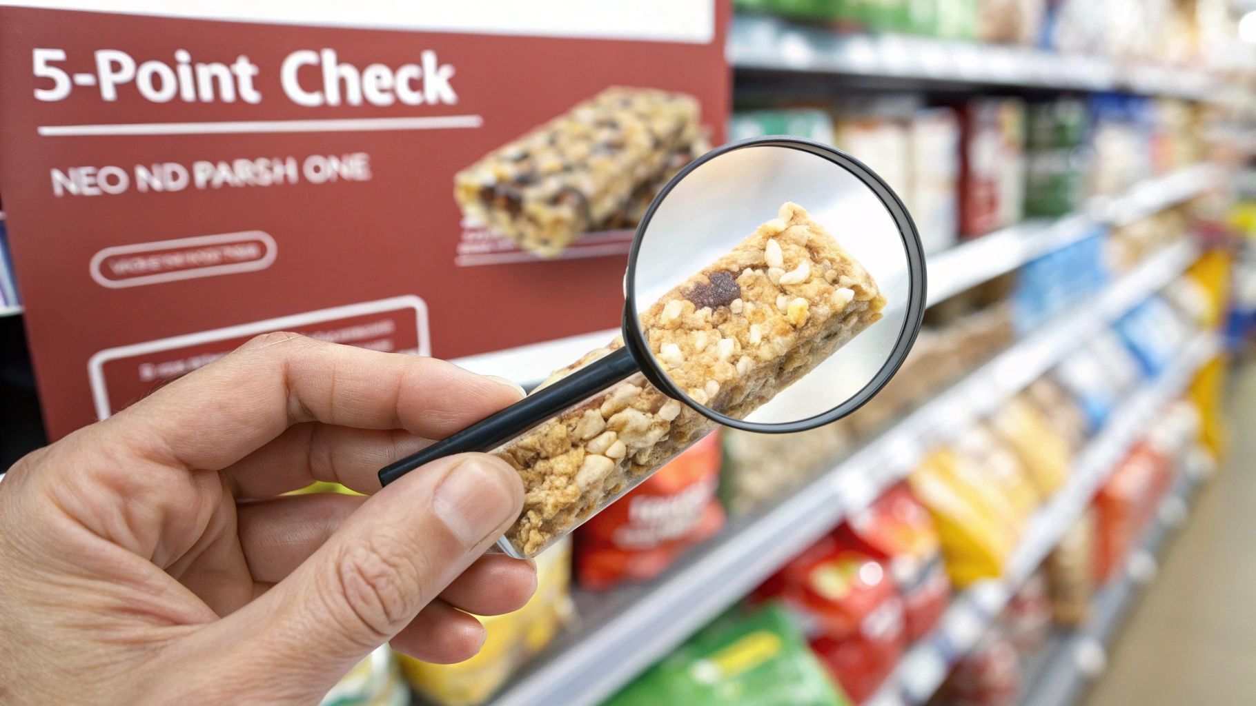 A person uses a magnifying glass to inspect a granola bar, checking its ingredients in a supermarket aisle.
