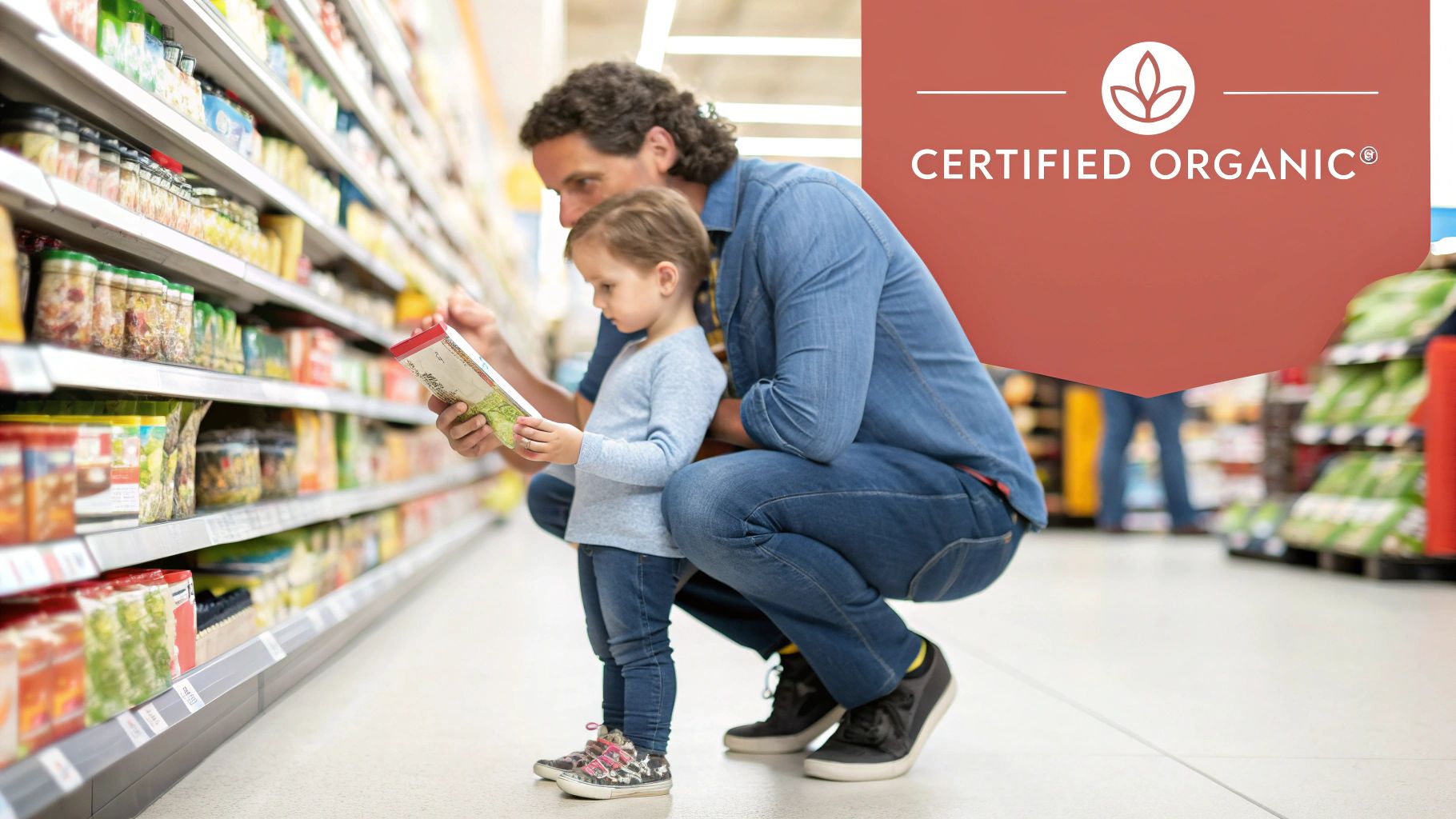 A mother and her young daughter smiling while eating healthy snacks in their kitchen.