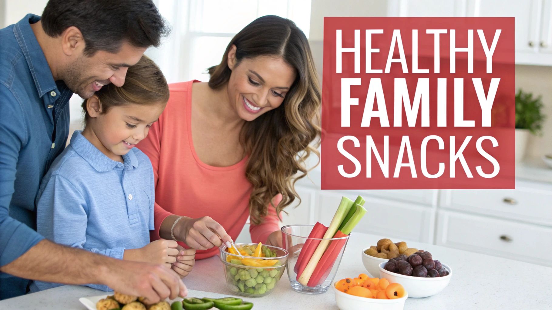 A happy family preparing and enjoying a variety of healthy plant-based snacks in a bright kitchen.