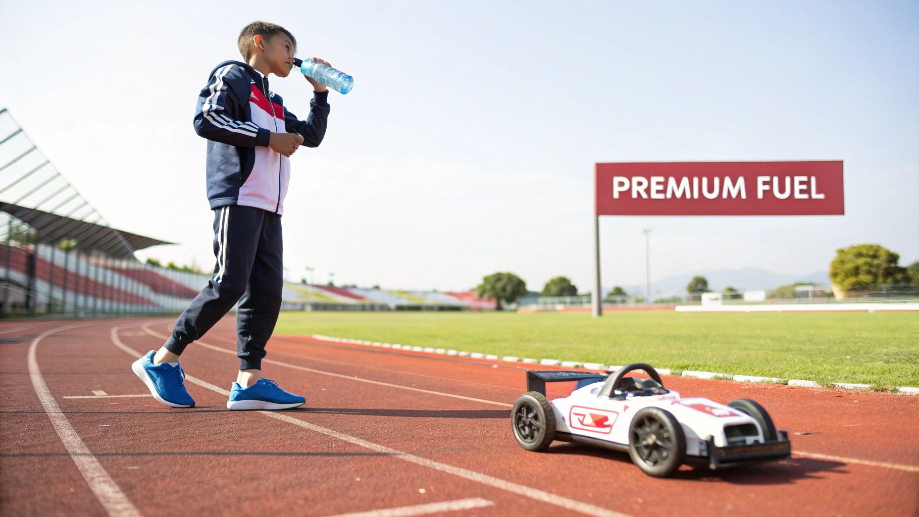 A young athlete hydrates on a track, near a toy race car, with a "PREMIUM FUEL" sign.