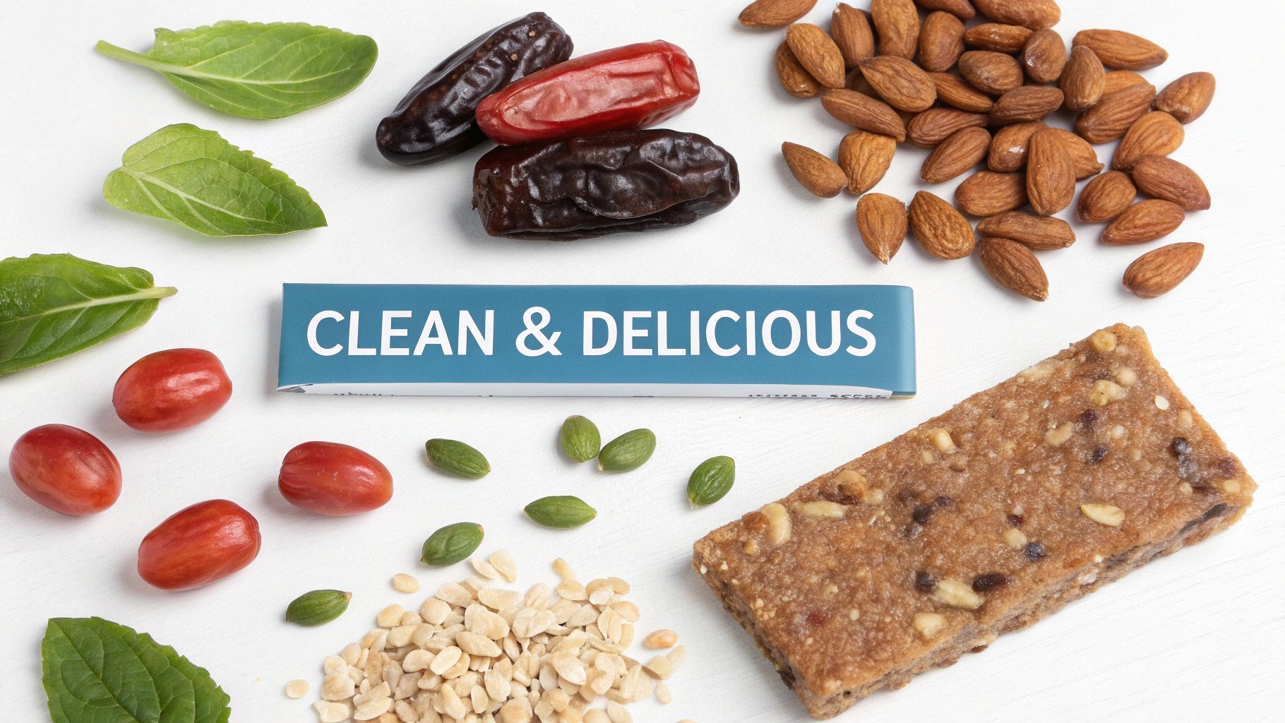 A nutritious protein bar surrounded by almonds, dates, green leaves, and other natural ingredients on a white surface.
