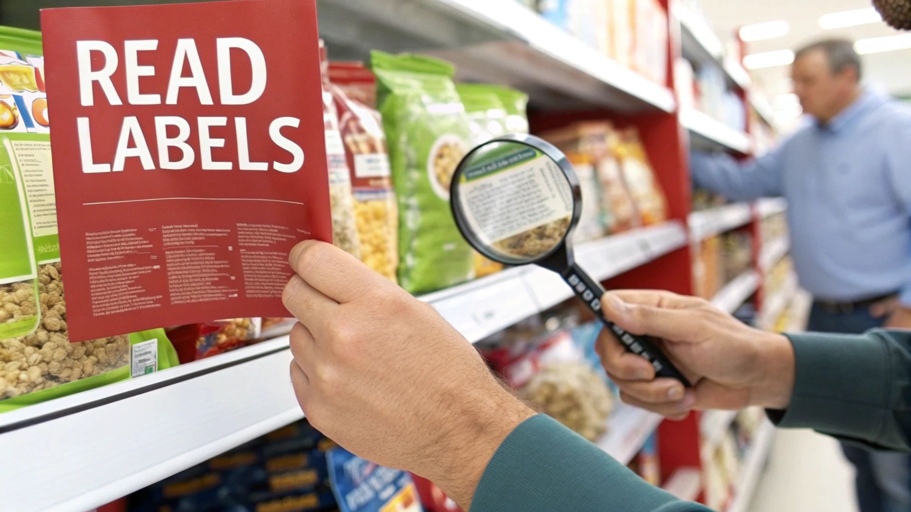 A shopper in a supermarket uses a magnifying glass to meticulously read product labels, promoting informed choices.