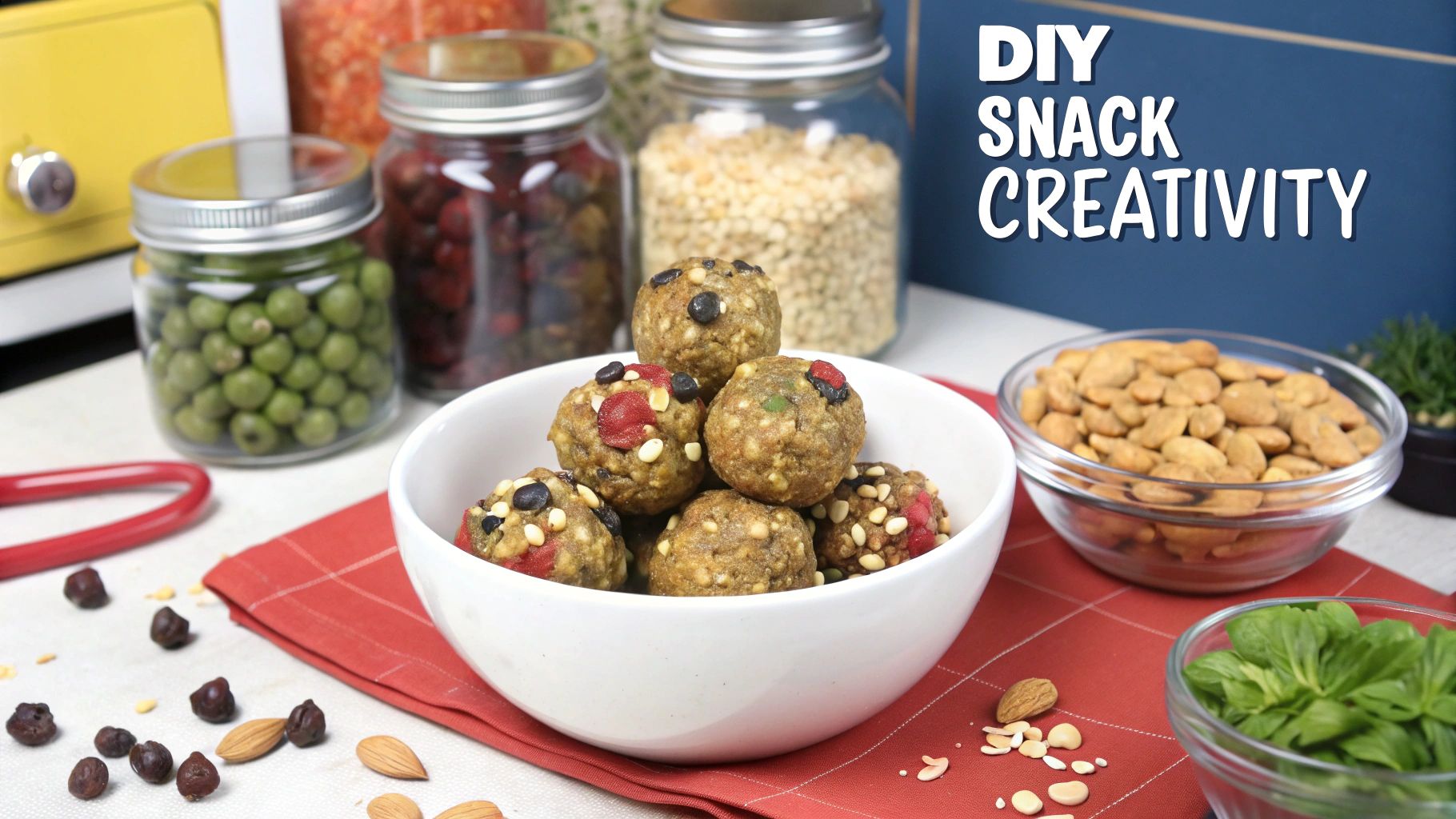 A person preparing healthy DIY snacks like no-bake energy bites and veggie chips in a bright, modern kitchen.