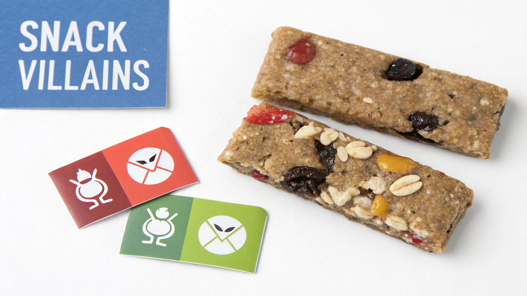 A person looking suspiciously at a snack bar with a long ingredient list