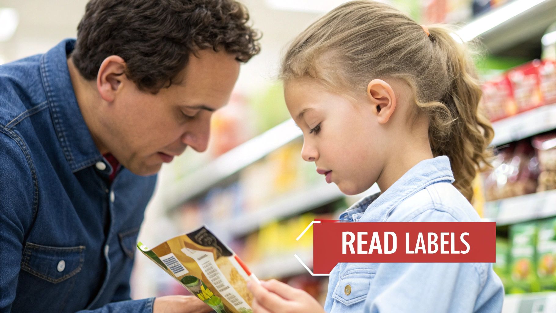 A parent and child looking at healthy snack bars in a kitchen pantry.