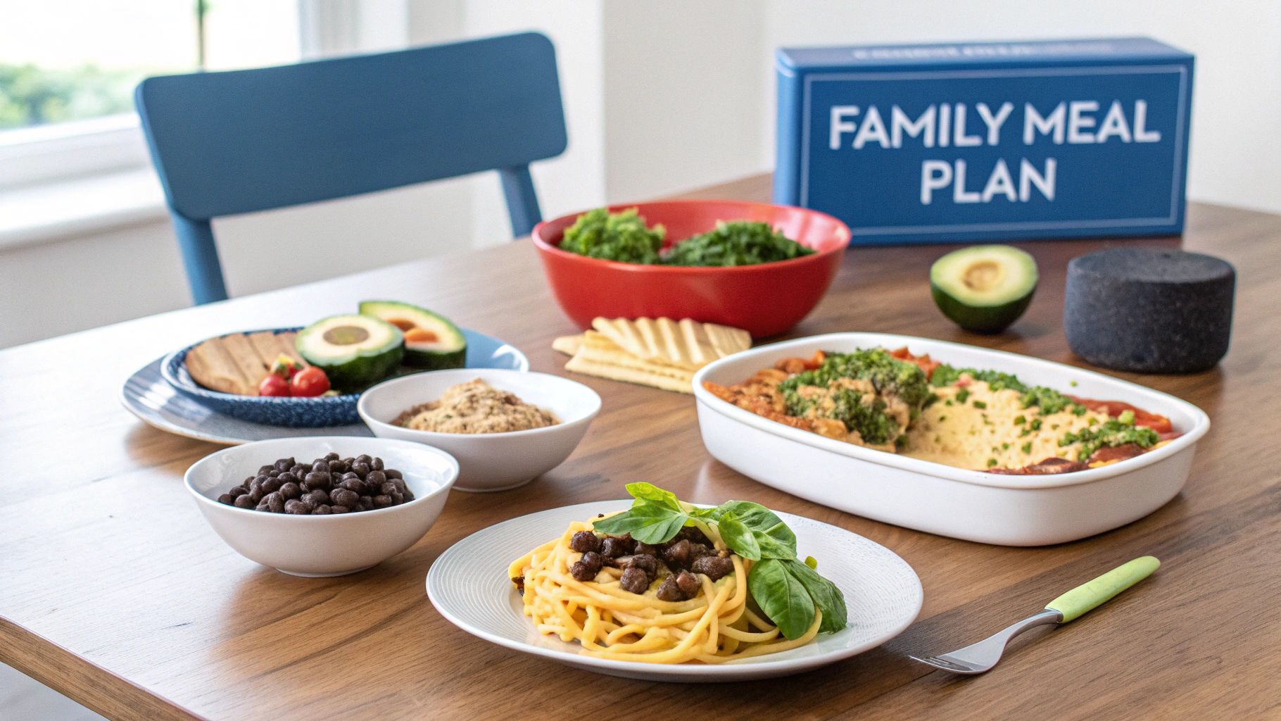 A table laden with various plant-based dishes, including pasta, black beans, avocado, and greens, with a 'Family Meal Plan' box in the background.