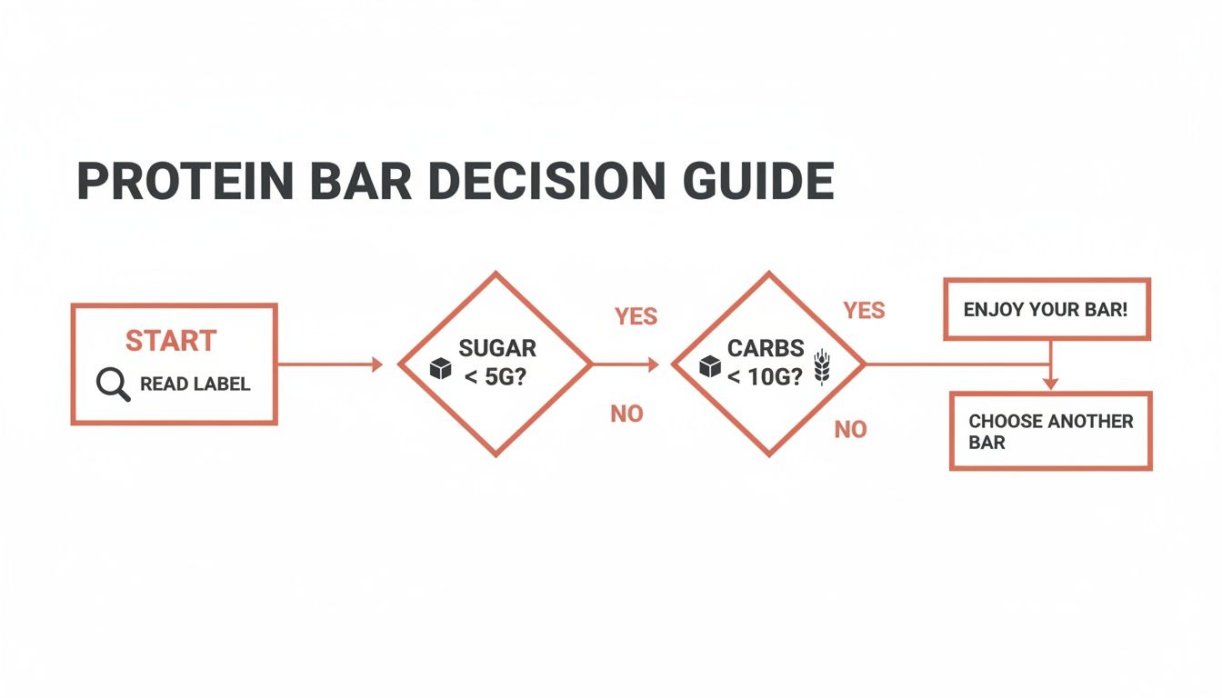 A protein bar decision guide flowchart checking for less than 5g sugar and 10g carbs.